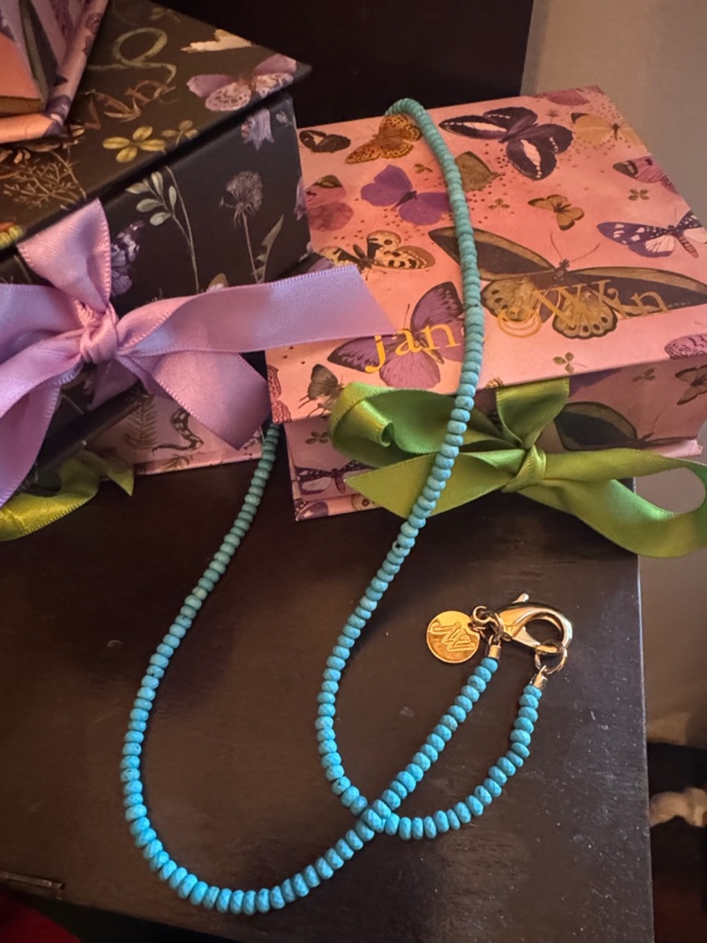 Double wrap JANE WIN Beaded Necklace with Gold Clasp IN turquoise PINK BOX TOO!